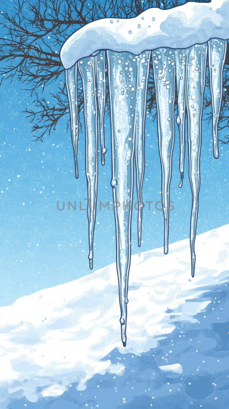 Icicles beginning to melt under the warmth of the midday sun, with tiny water droplets forming at the tips, ready to fall into the snow below.