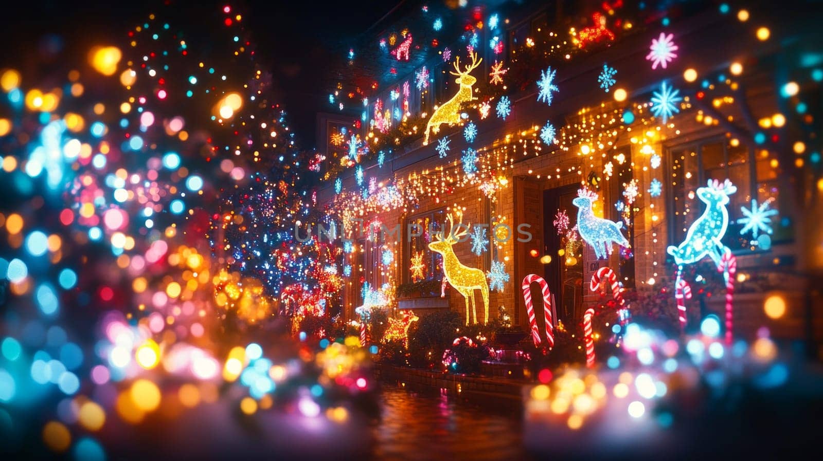 A grand display of Christmas lights covering an entire house, with a mix of glowing reindeer, candy canes, and snowflakes, lighting up the night in festive colors.