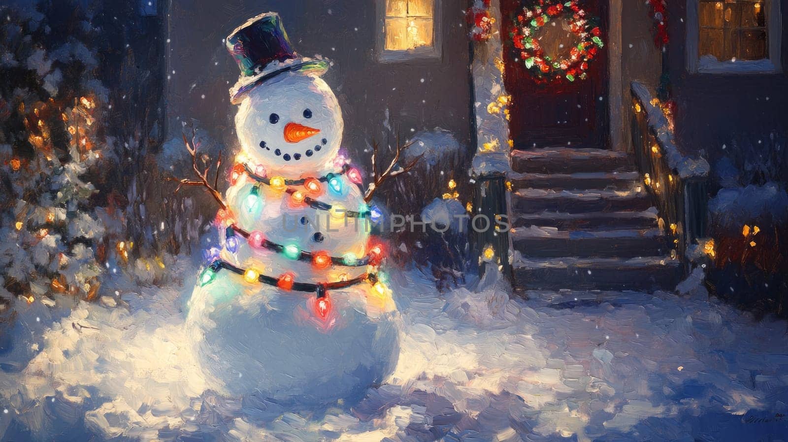 A cheerful snowman illuminated by Christmas lights, with colorful bulbs wrapped around its body, standing in a snowy front yard full of glowing decorations.