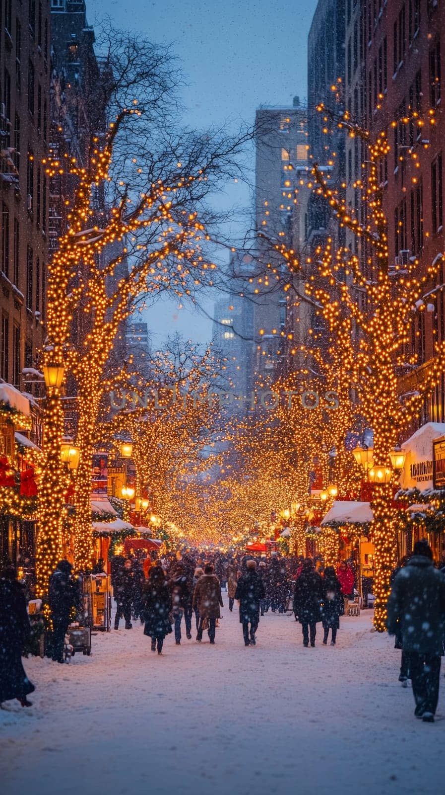 A bustling city street lined with trees wrapped in glowing Christmas lights, with soft snow falling and people walking under the warm golden glow of the decorations.