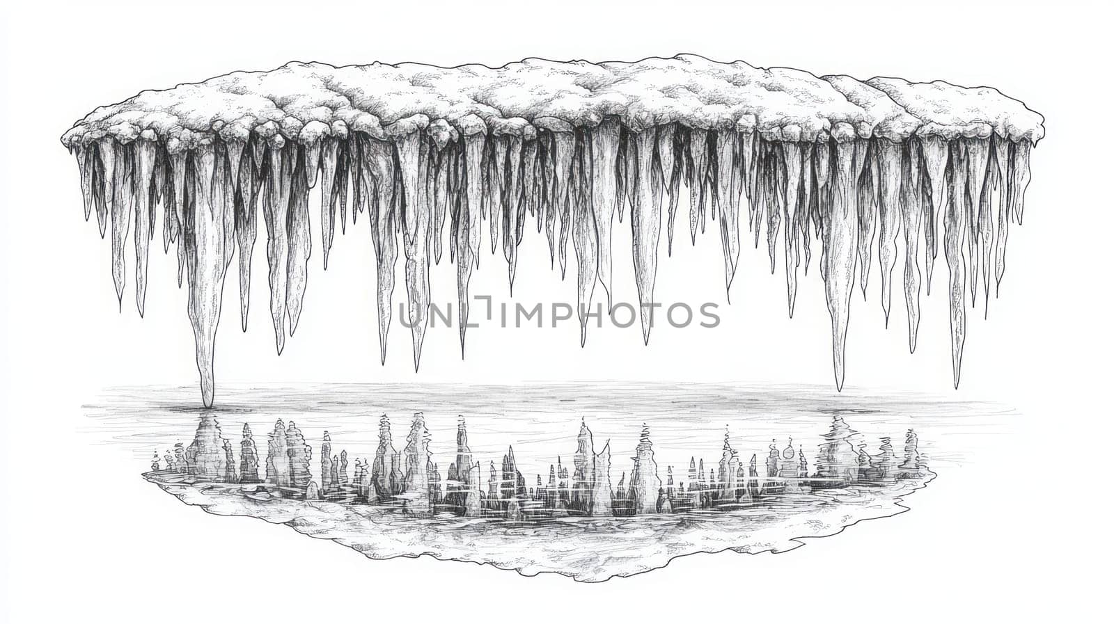 Icicles hanging over a calm, frozen lake, their reflection perfectly mirrored in the icy water below, creating a pristine and tranquil winter scene.