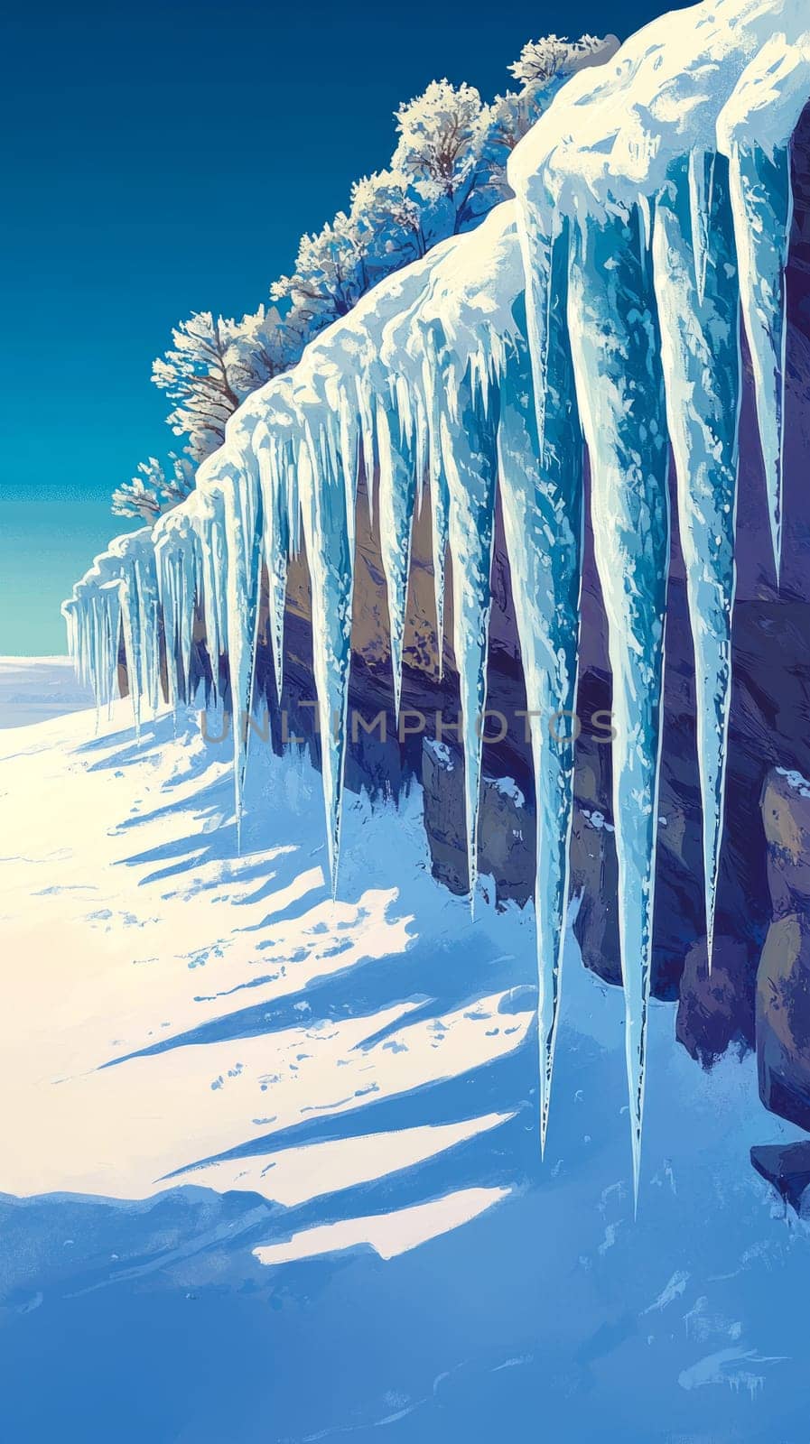 Sharp, dagger-like icicles forming along the edge of a cliff, with the icy formations casting dramatic shadows on the snow-covered ground below.