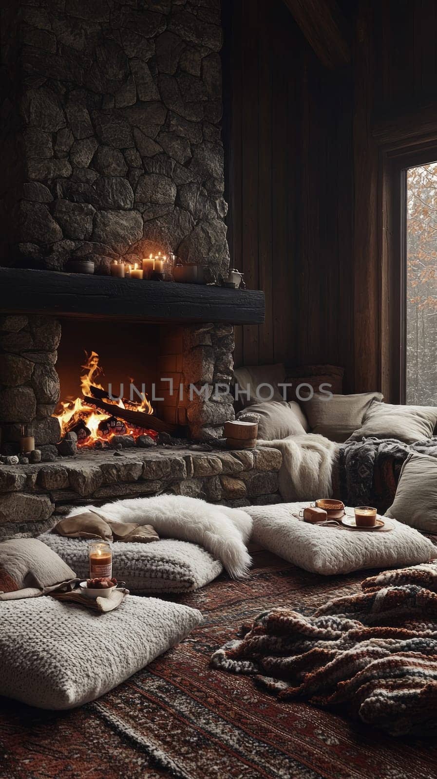 A large fireplace with a stone hearth in a cozy family room, with pillows and blankets spread around, ready for a warm winter gathering with hot cocoa.