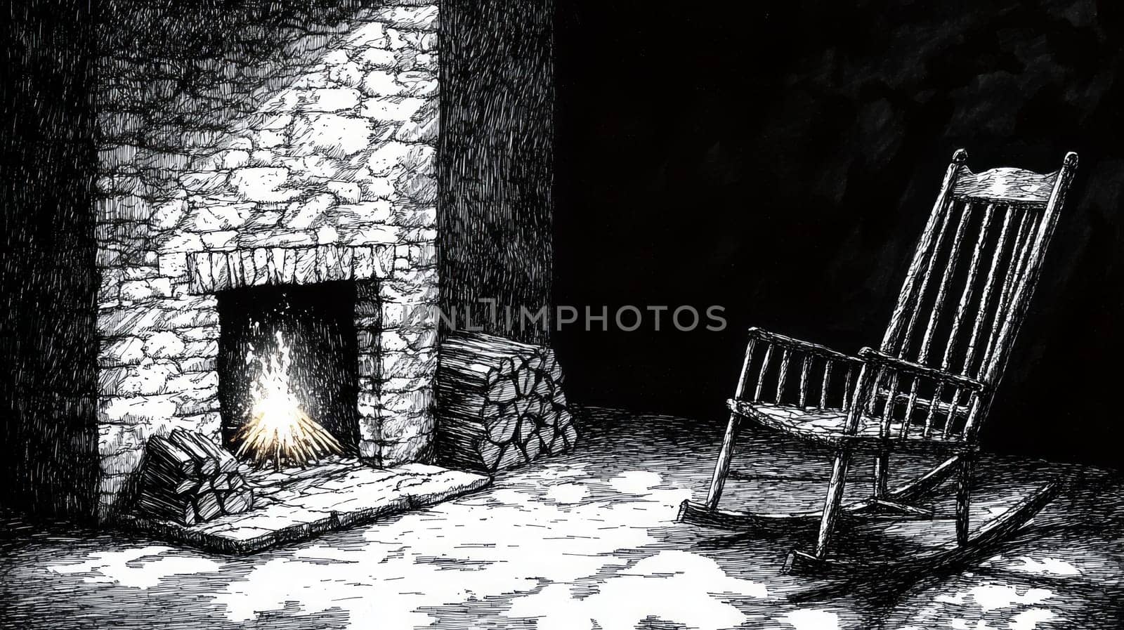 A small fireplace in a quiet, dimly lit room, with a stack of firewood beside it and a rocking chair casting long shadows as the firelight dances on the walls.