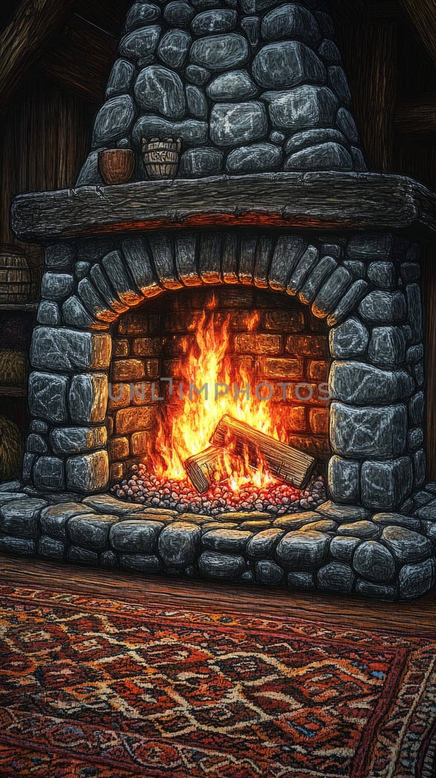 A crackling fire in a rustic stone fireplace, with glowing embers and flickering flames, casting a soft orange glow over a cozy living room with a woolen rug.