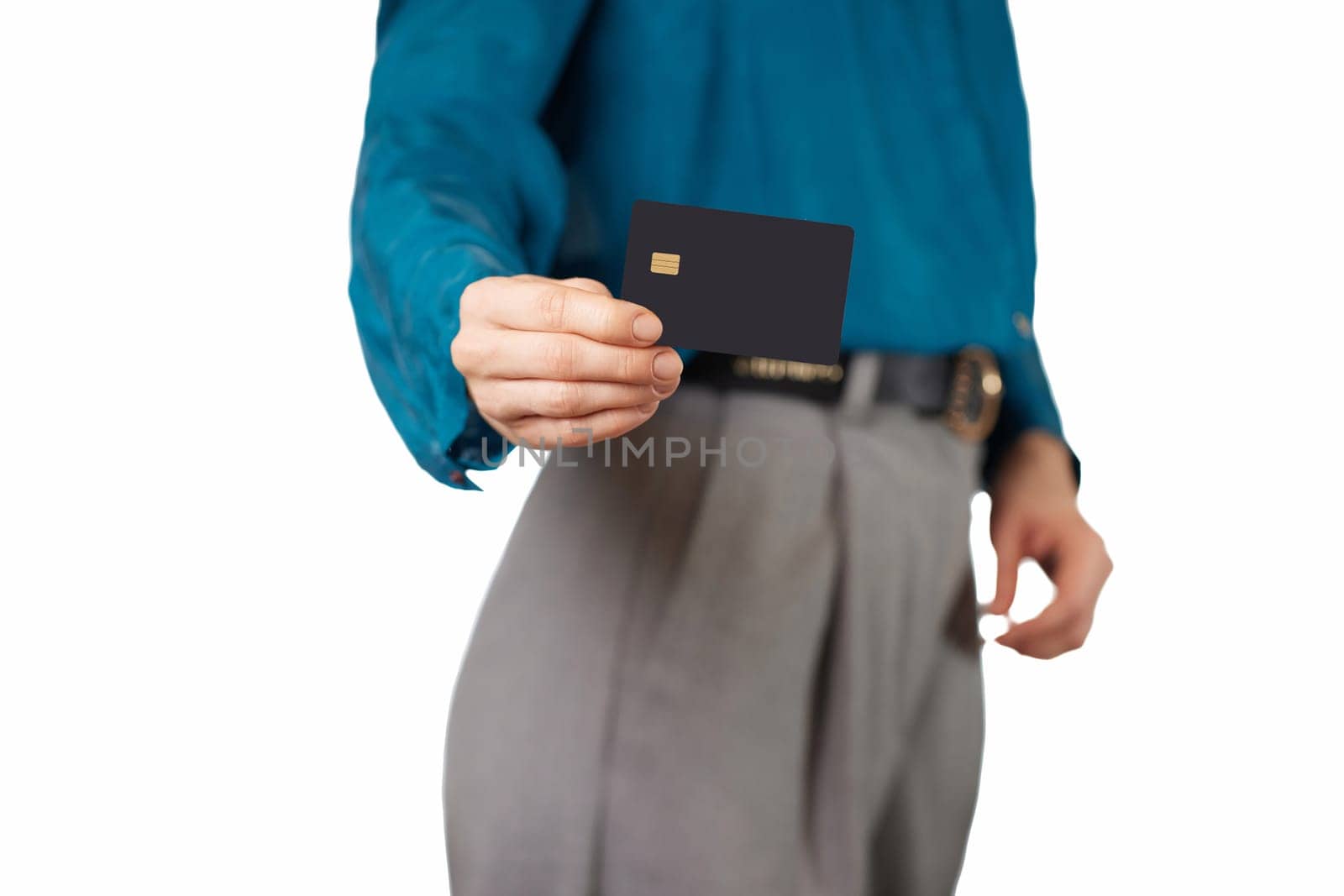 female hand holding black premium credit bank card on white background. digital business finance and payment online, mock up
