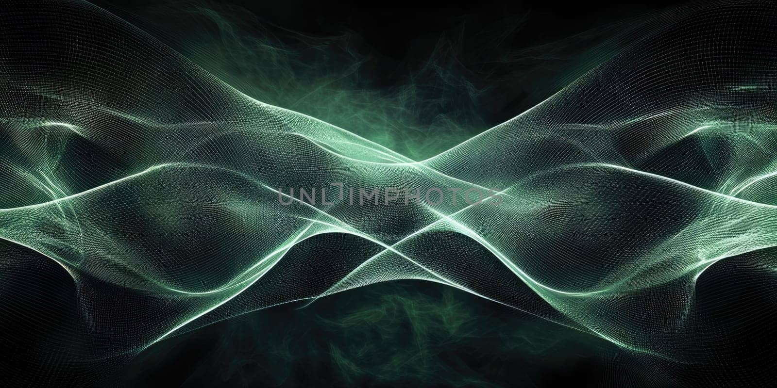 Fluid waves of green light ripple and intertwine in an abstract formation, creating a captivating visual experience that contrasts with the dark surroundings.
