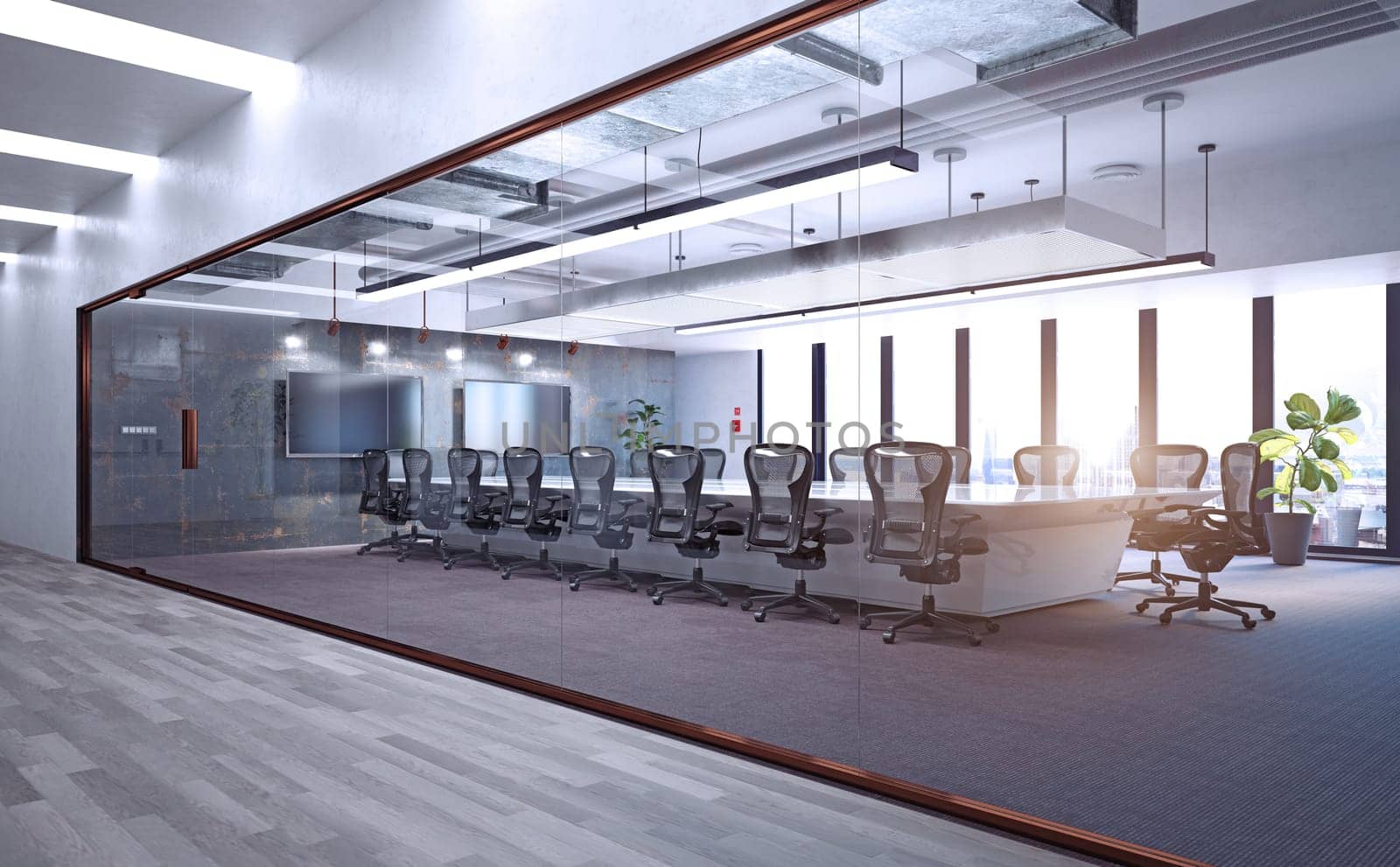 Modern loft office interior design concept. 3d rendering design