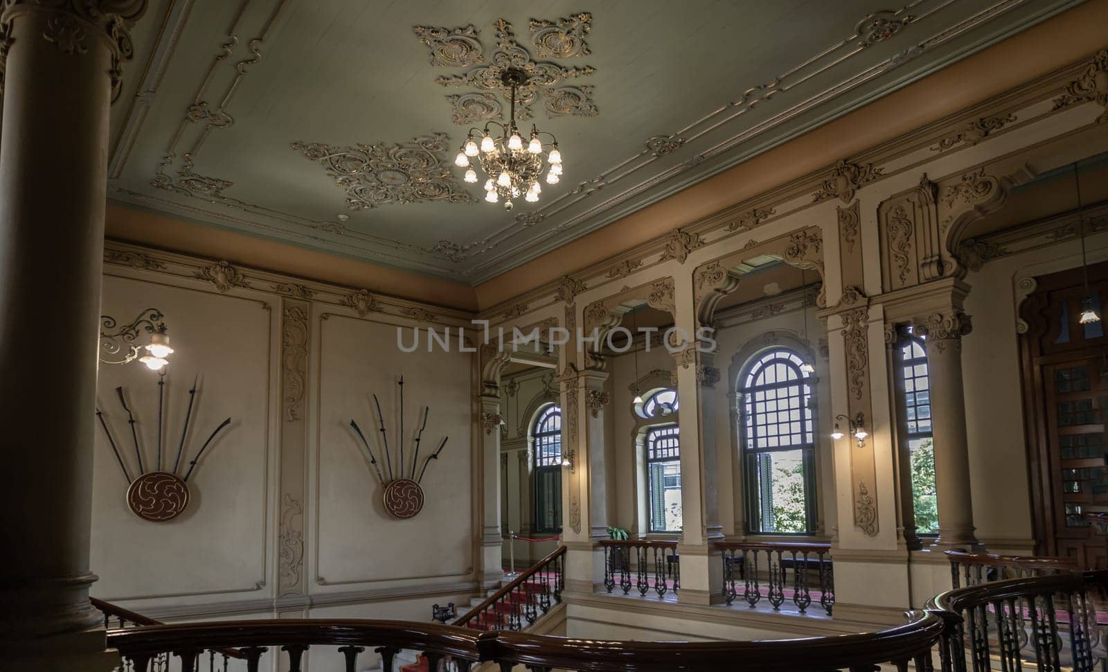 Bangkok, Thailand - Mar 02, 2025 - Architectural splendour colonial-style inside of The main Bang Khun Phrom Palace that blends Baroque style with stucco designs. use it as your Wallpaper, Poster and Space for text, Selective focus.