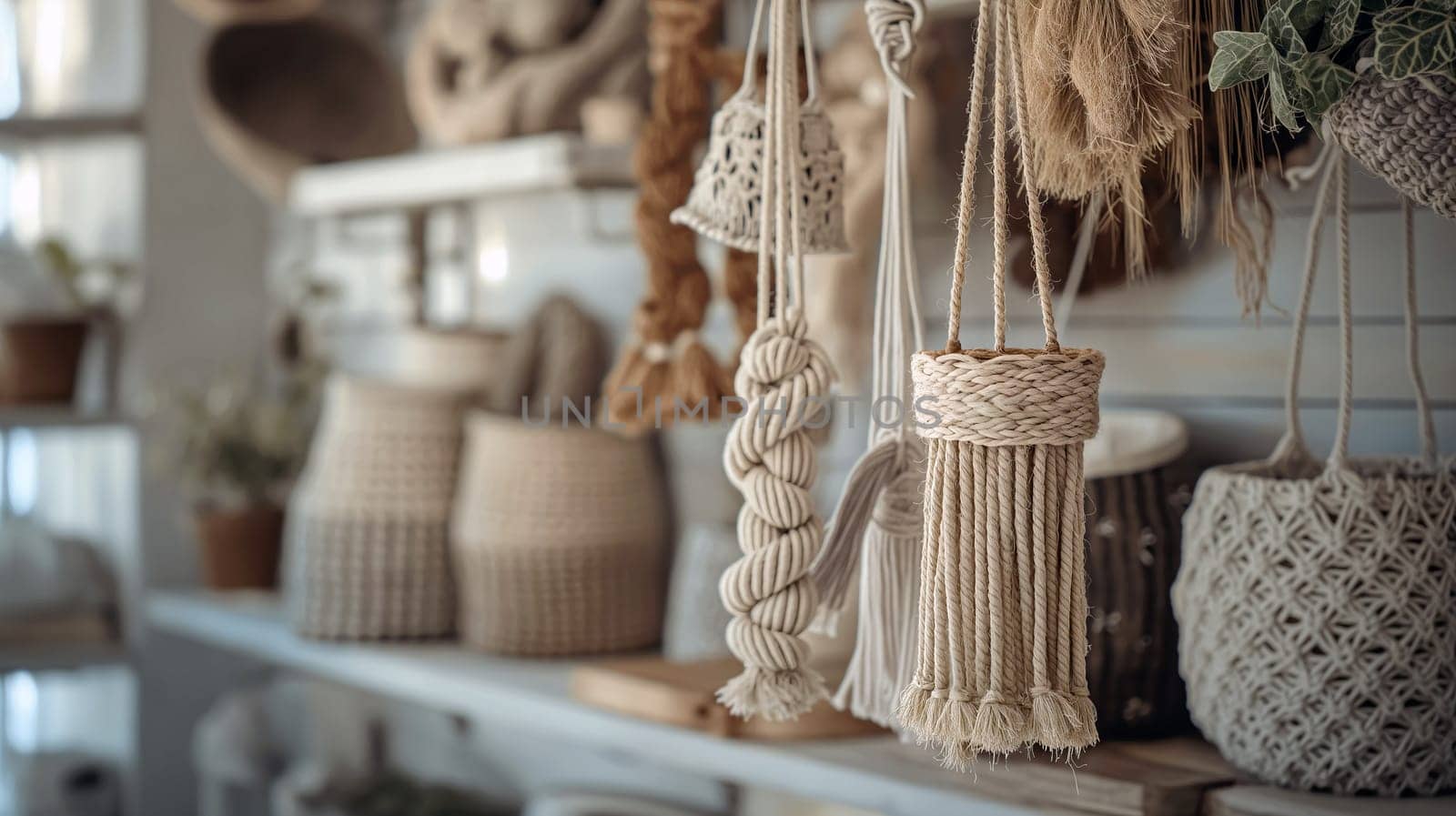 A cozy boutique showcases handmade macrame decor items such as woven baskets and macrame hangings, inviting visitors to explore local artistry and craftsmanship - Generative AI