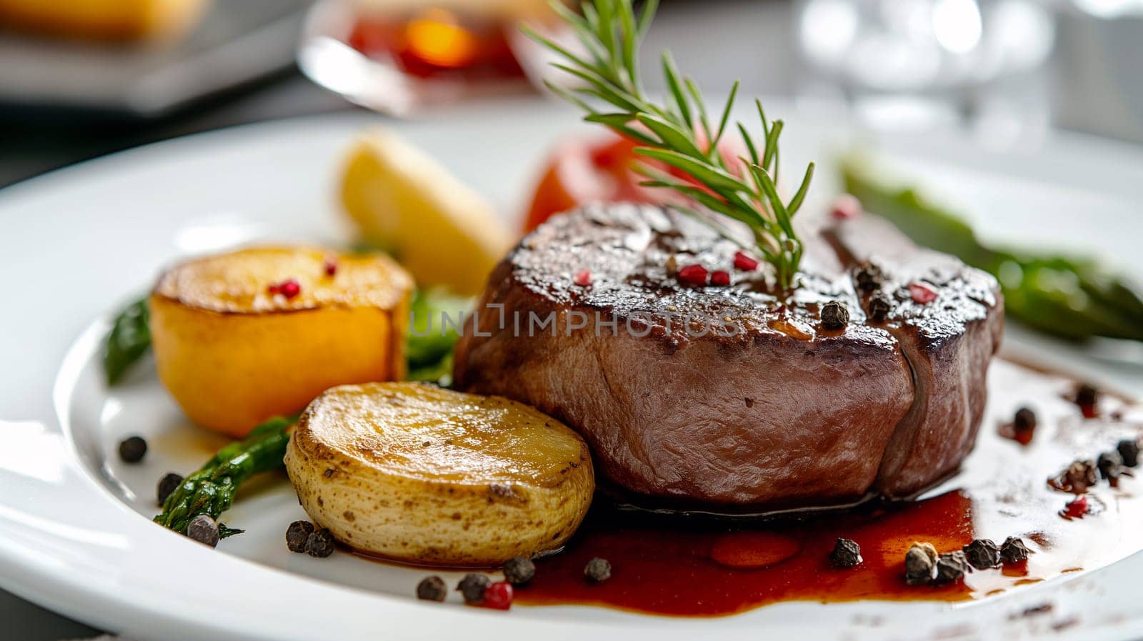 A beautifully presented plate of gourmet steak garnished with herbs, alongside roasted potatoes, asparagus, and tomatoes. The setting is elegant and inviting - Generative AI