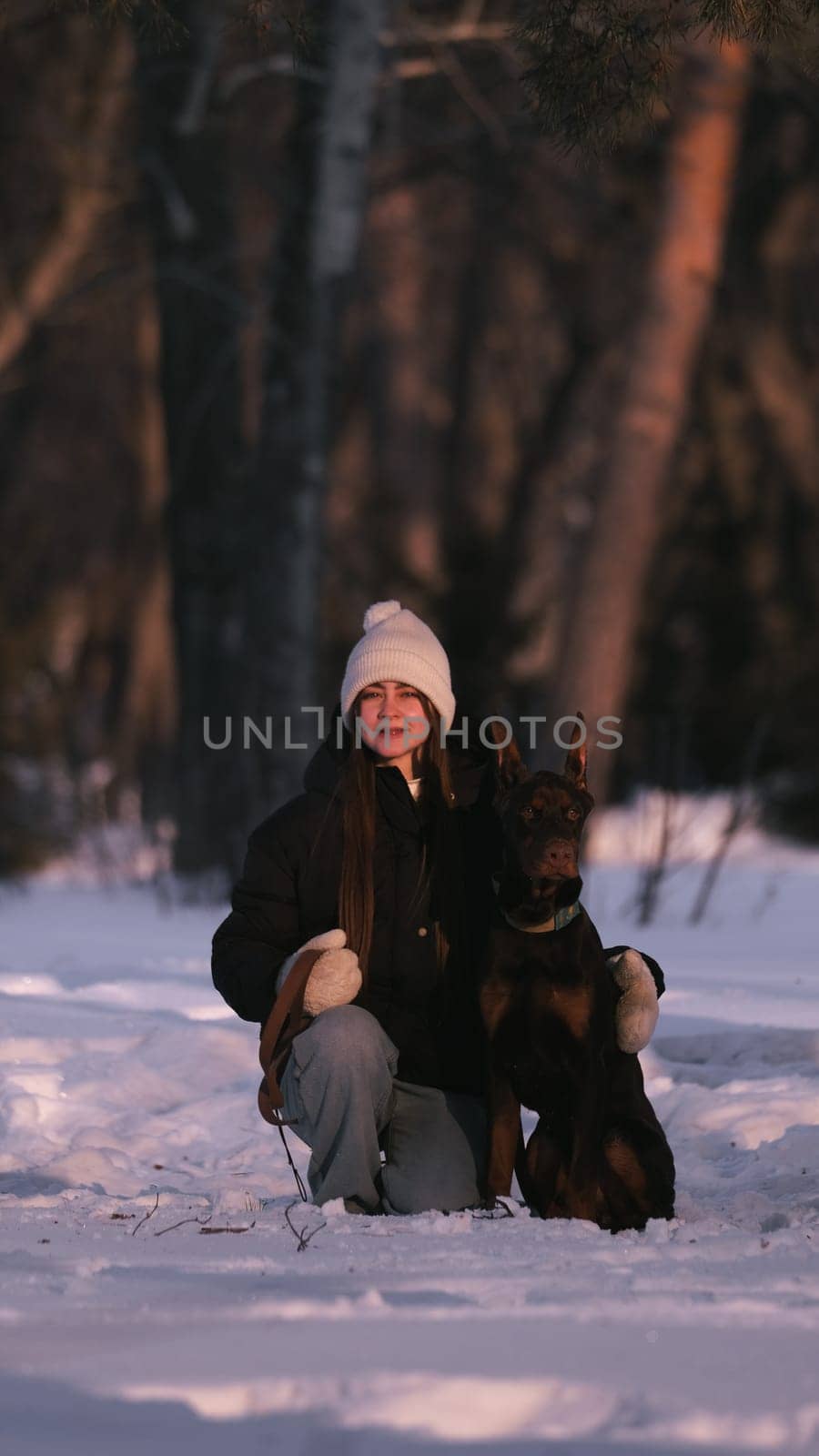 playing with a dog in nature. Doberman puppy with his owner. running with a puppy in the forest. winter frosty day in nature. puppy playing with its owner. raising a dog.