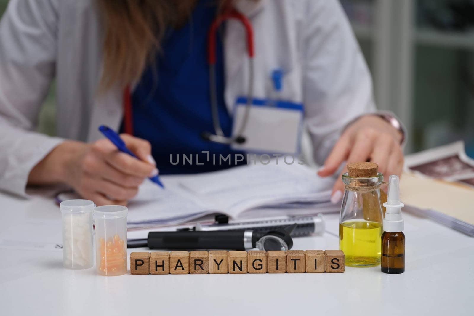 A physician documents a pharyngitis case, noting medications and details for patient care and treatment