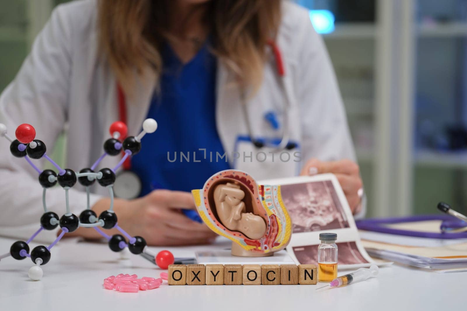 The depiction of oxytocin crucial role in childbirth and fostering emotional bonding within a clinical setting