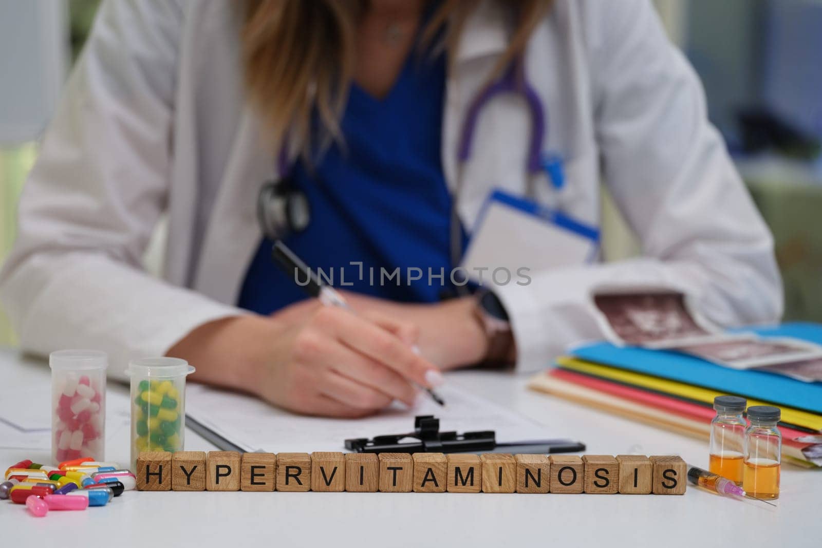 A medical expert examines the complexities of hypervitaminosis using colorful pills and extensive resources