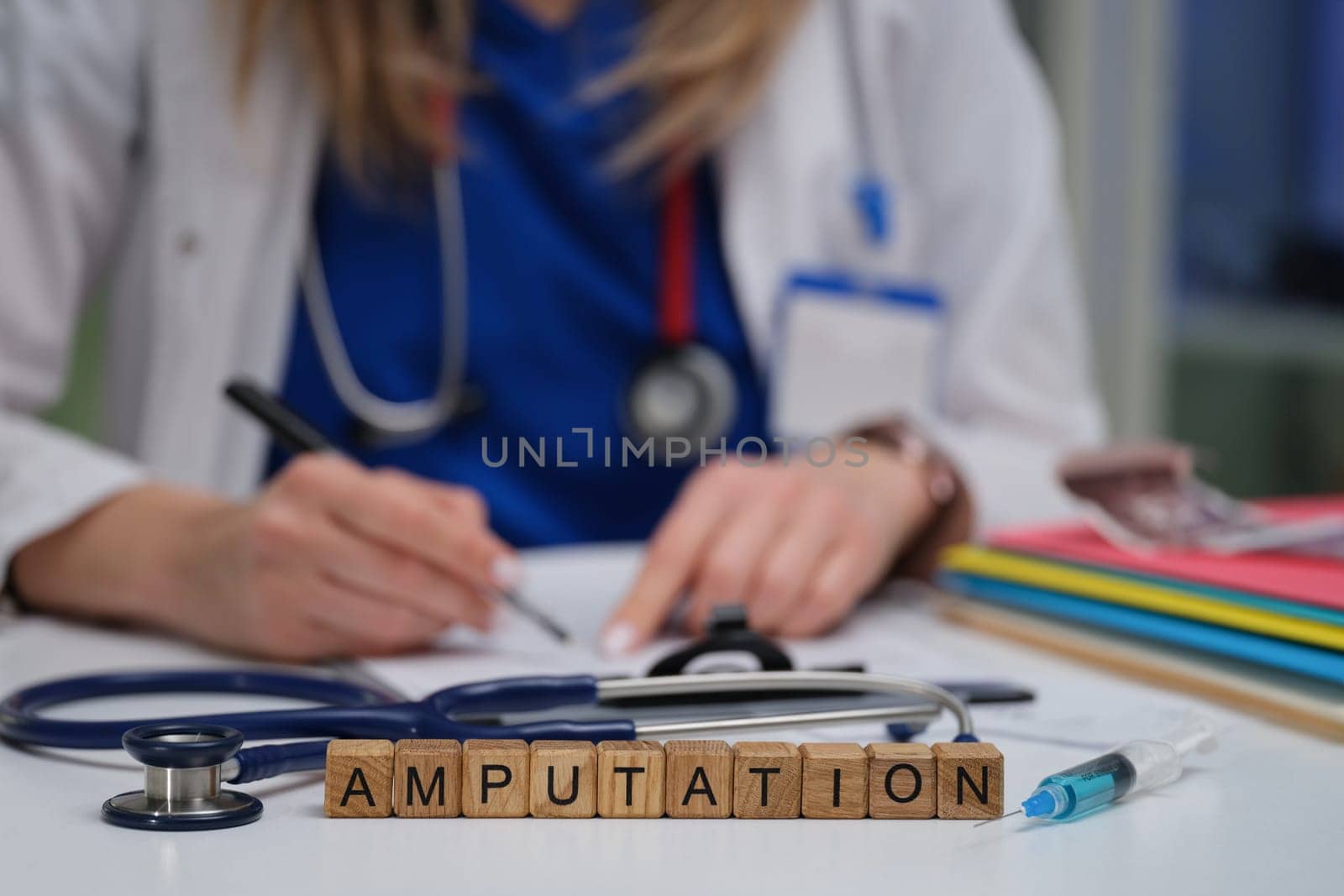 A medical professional details the amputation procedure, highlighting a stethoscope and various supplies