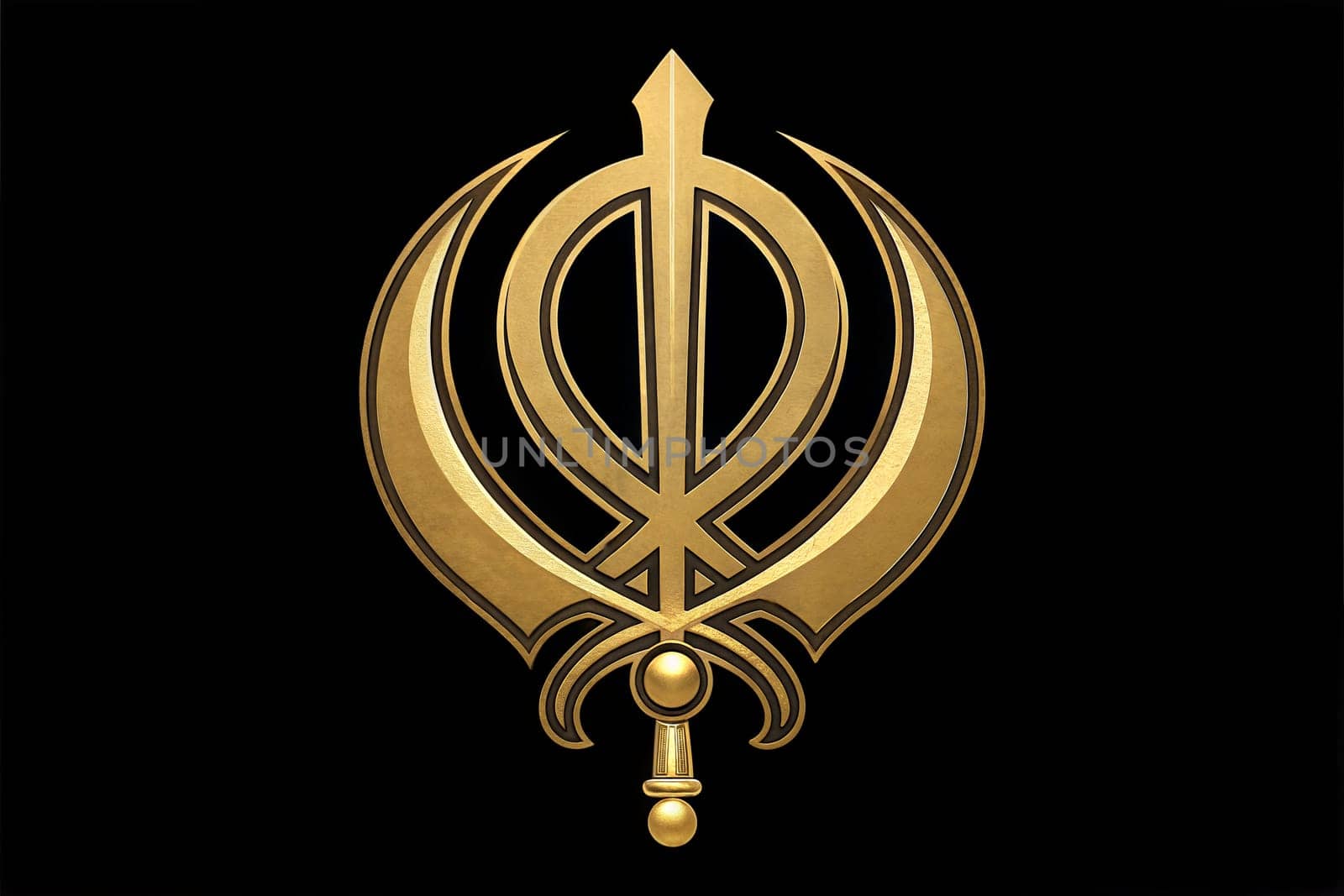 The iconic Sikh Khanda symbol, featuring a double-edged sword, crossed daggers, and central emblem, depicted in gold.