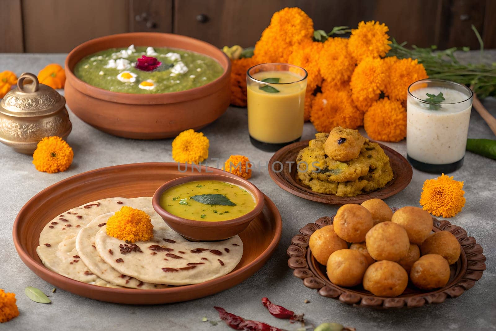 A festive Baisakhi feast featuring traditional dishes like parathas, sweets, and drinks, decorated with flowers.