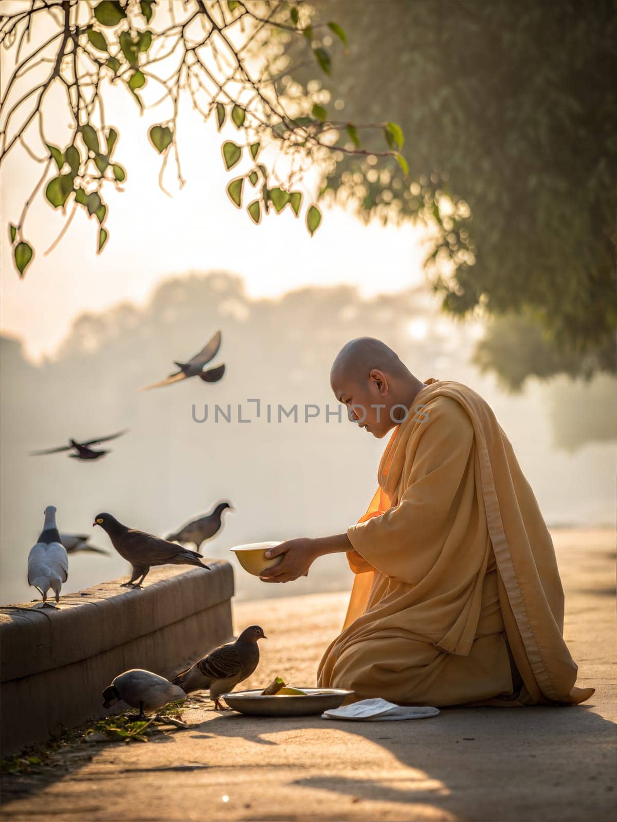 A peaceful image symbolizing Ahimsa, with a monk feeding birds in a serene setting.