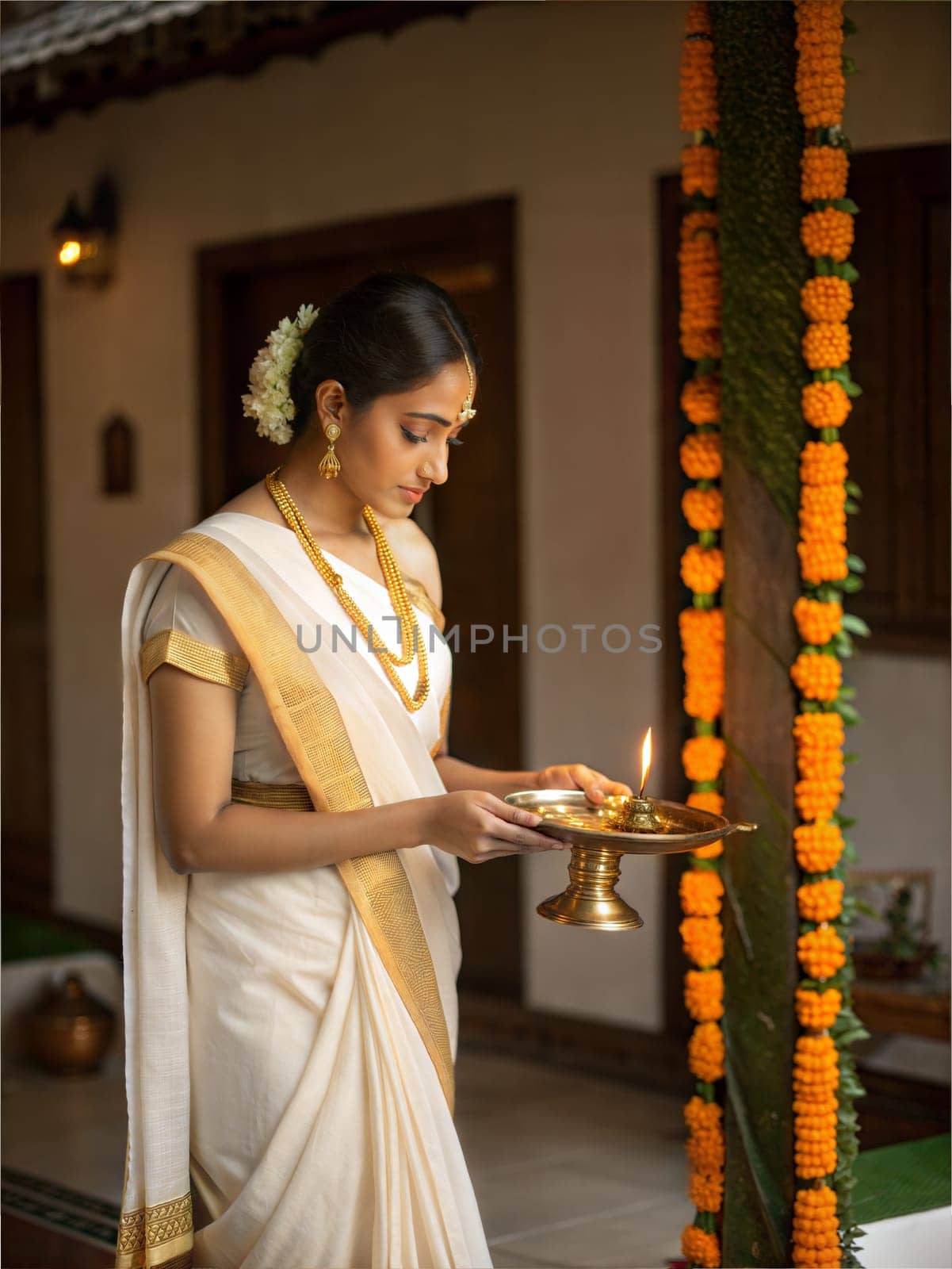 A graceful woman in a white and gold kasavu saree, holding a diya (lamp) with marigold decorations, celebrating a traditional festival.