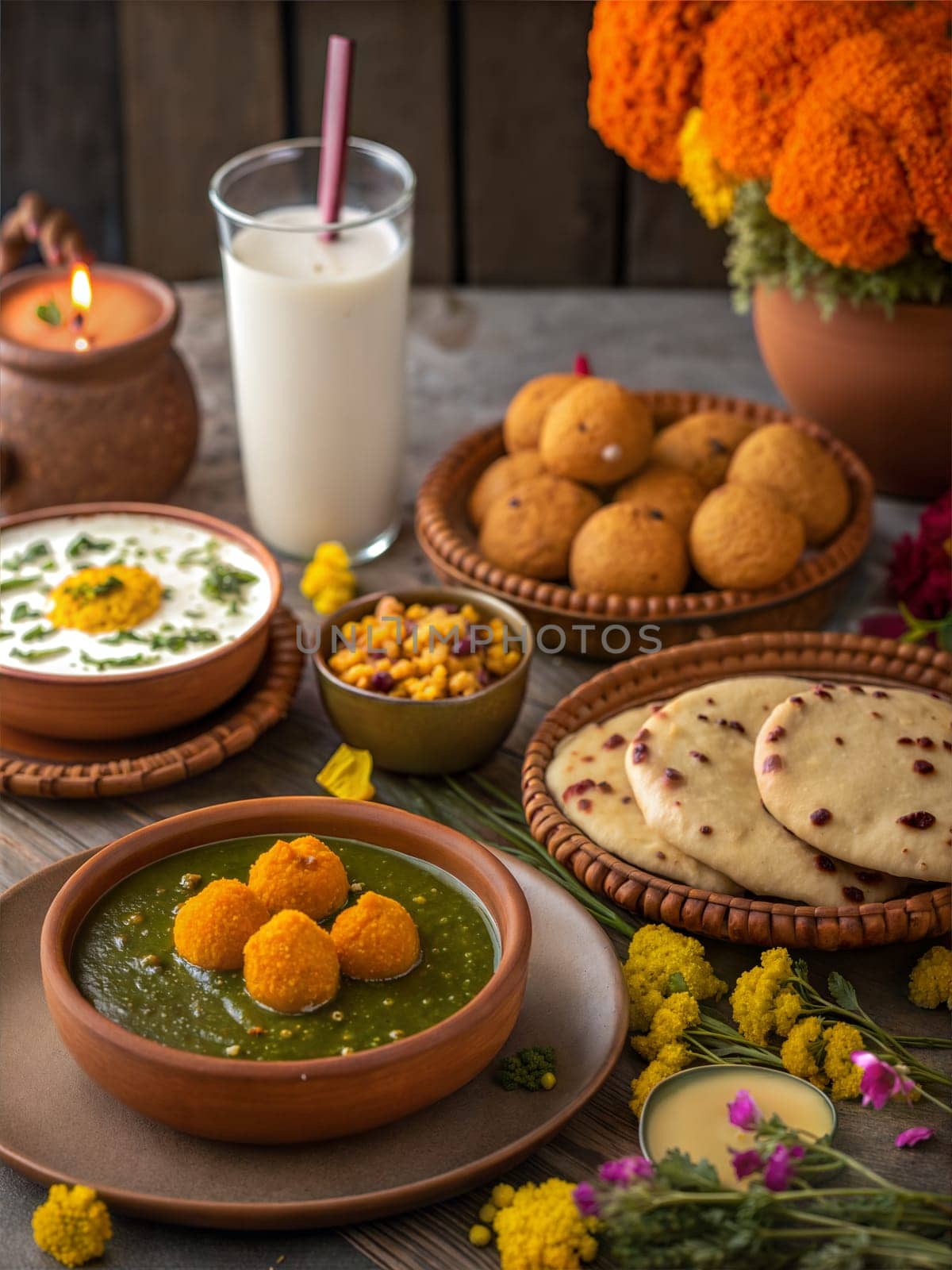 A festive Baisakhi feast featuring traditional dishes like parathas, sweets, and drinks, decorated with flowers.