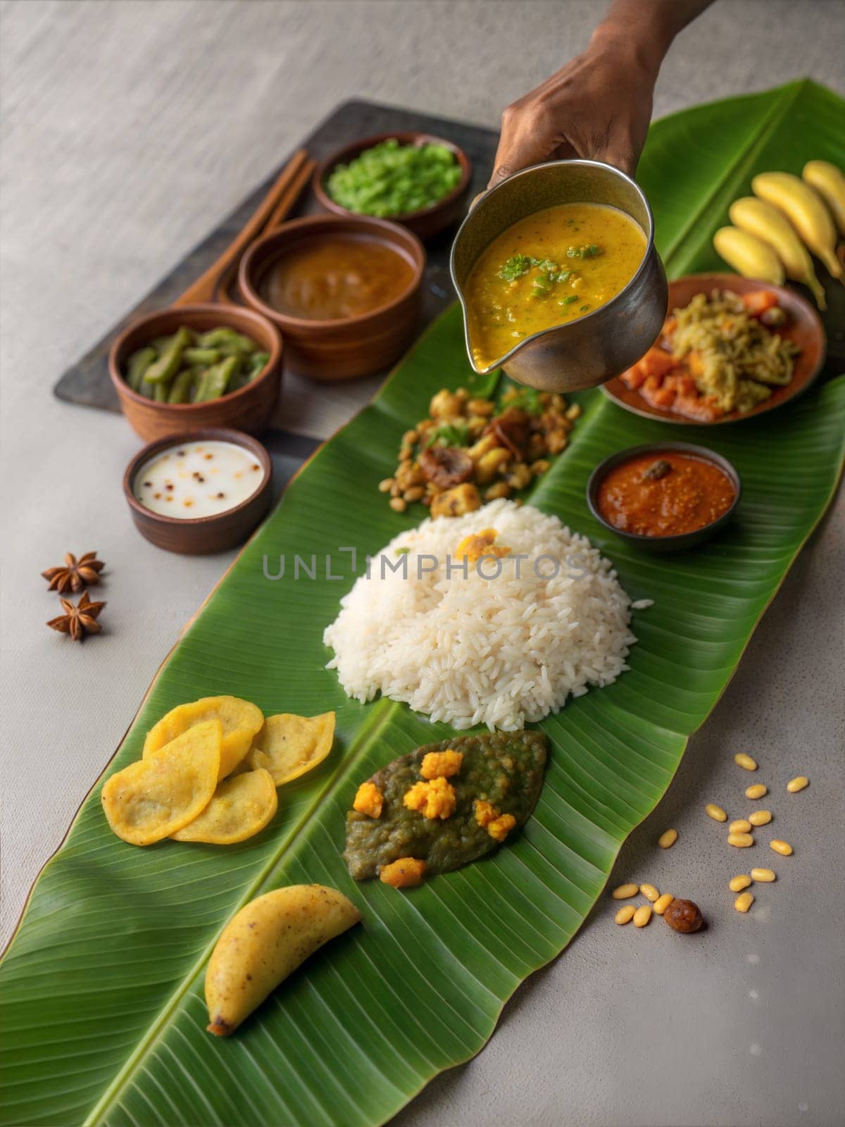 A grand Vishu Sadya feast served on banana leaves with rice, curry, vegetable dishes, and snacks, showcasing traditional Kerala cuisine.
