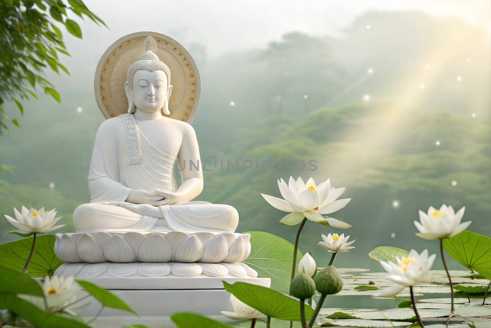 A peaceful scene with a marble statue of Lord Mahavir sitting on a lotus pedestal surrounded by lotus flowers, radiating calm and serenity.