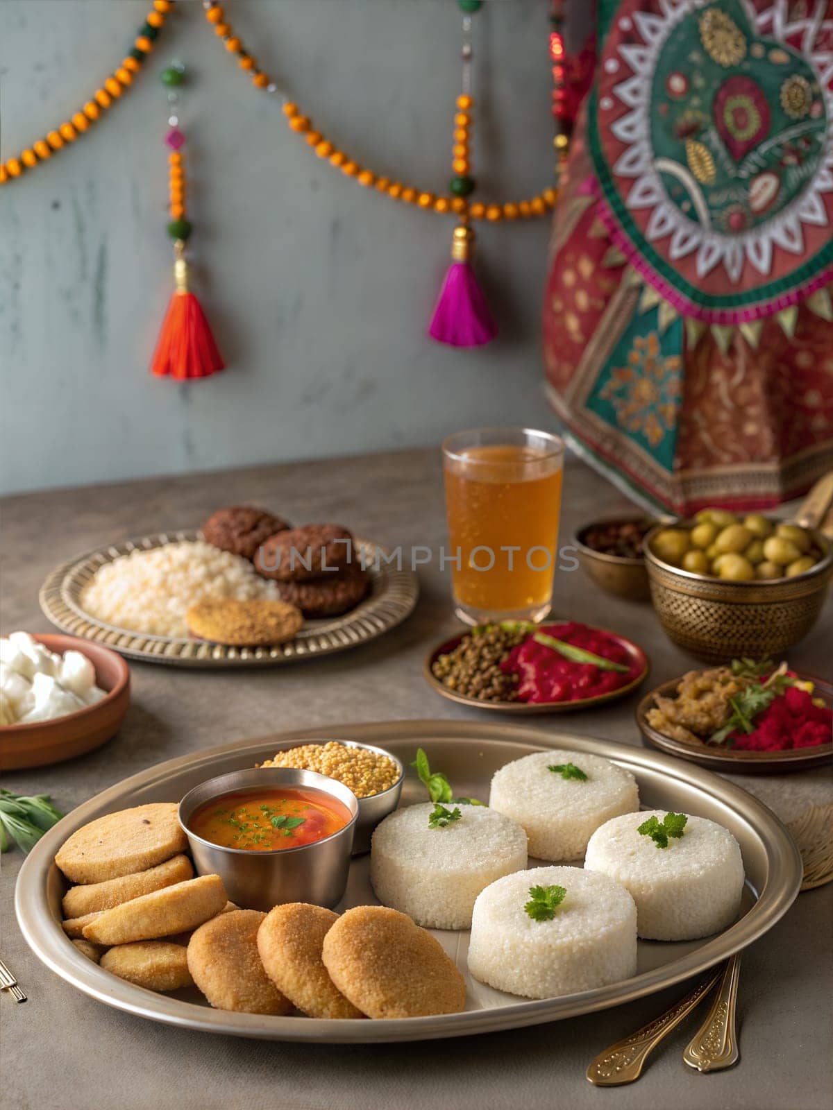 A beautifully arranged Bohag Bihu feast served on traditional bell metal plates. The table is filled with Assamese delicacies like Pitha, Laru, Jolpan and a glass of freshly made Assamese tea.