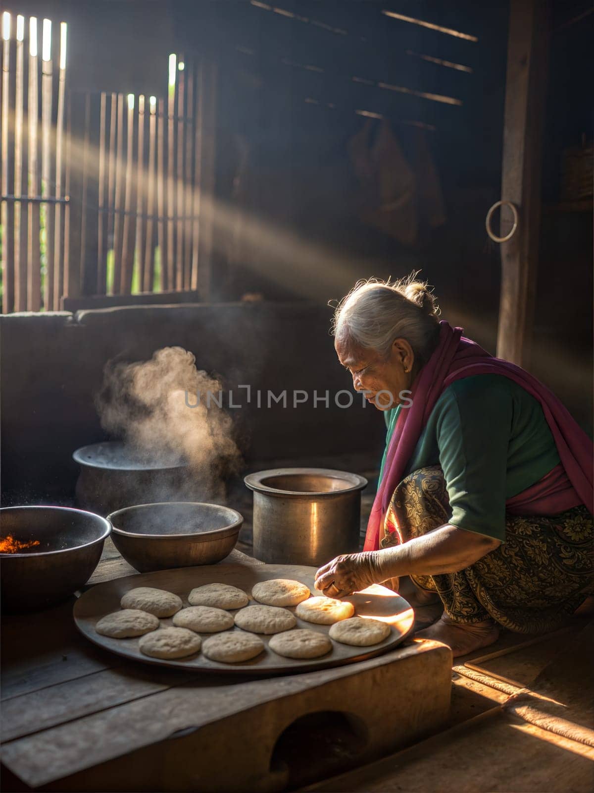 An elderly Assamese woman making traditional Pitha rice cakes, with smoke rising from the hot dishes in a rustic kitchen. This scene highlights Assamese culinary traditions.