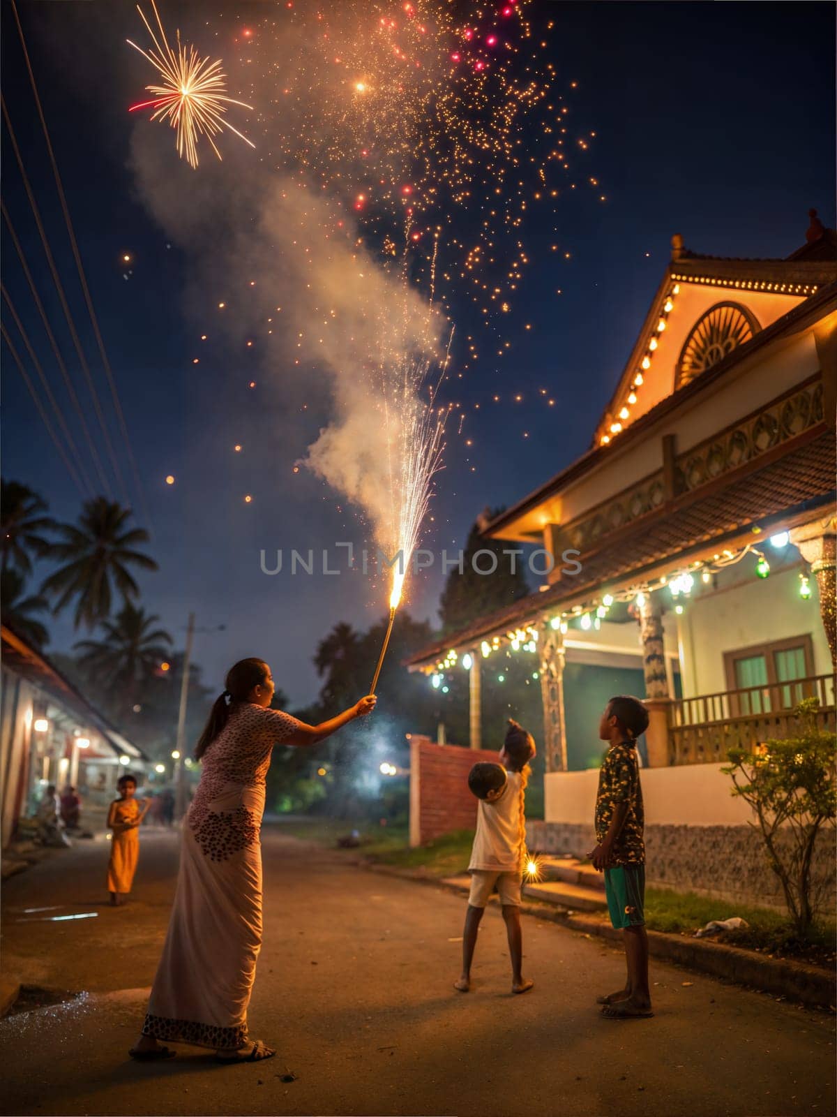 A lively scene of children and families lighting fireworks in a festive atmosphere at night, with bright lights and celebrations.