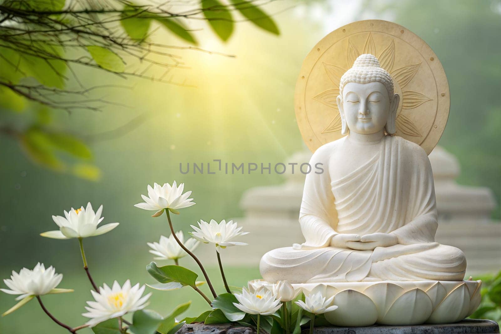 A peaceful scene with a marble statue of Lord Mahavir sitting on a lotus pedestal surrounded by lotus flowers, radiating calm and serenity.