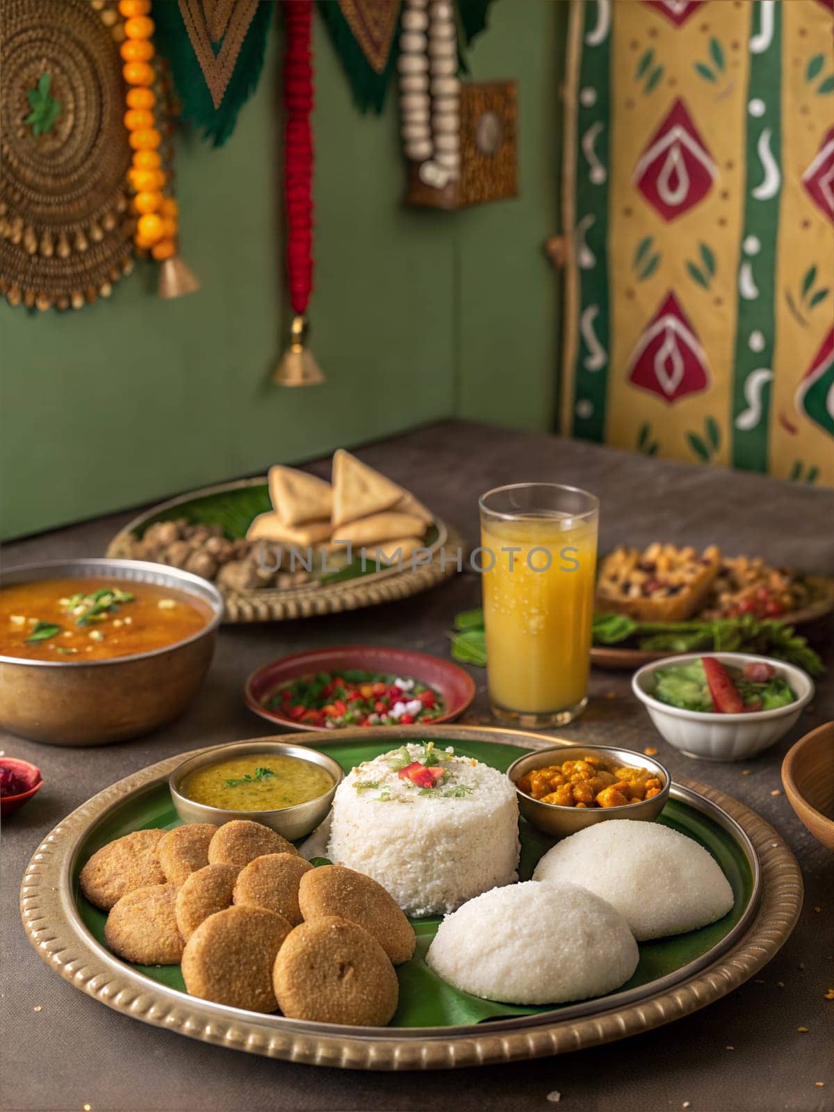 A beautifully arranged Bohag Bihu feast served on traditional bell metal plates. The table is filled with Assamese delicacies like Pitha, Laru, Jolpan and a glass of freshly made Assamese tea.