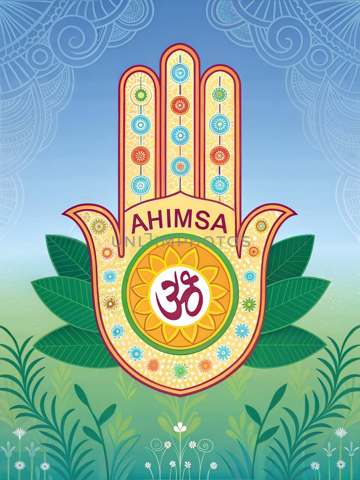 A colorful, symbolic representation of Jainism featuring the Hamsa hand with the word Ahimsa and Om symbol.