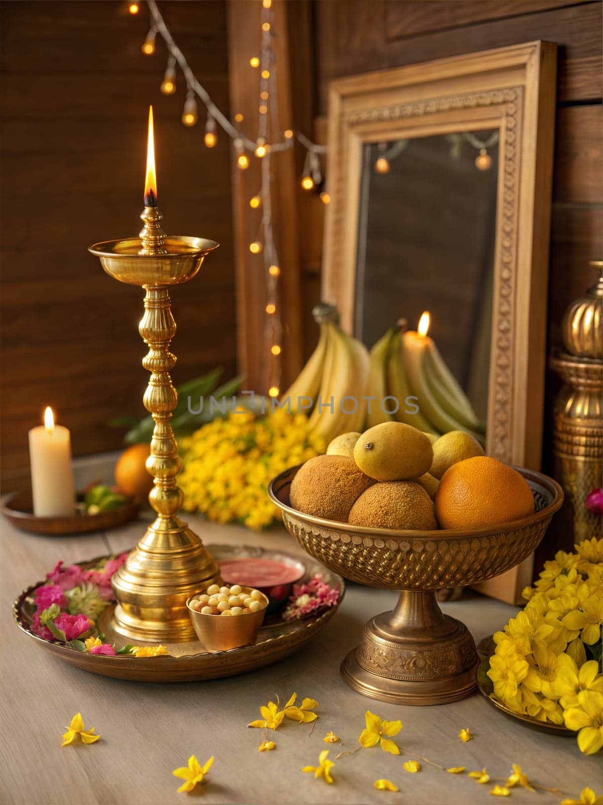A beautifully arranged Vishu Kani with fruits, yellow flowers, a brass lamp, and a candle, symbolizing prosperity and tradition.