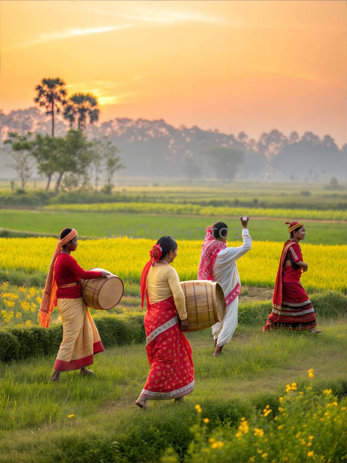 A vibrant scene of Assamese men and women in traditional attire performing a cultural dance with drums. A celebration of Assamese heritage and dance.