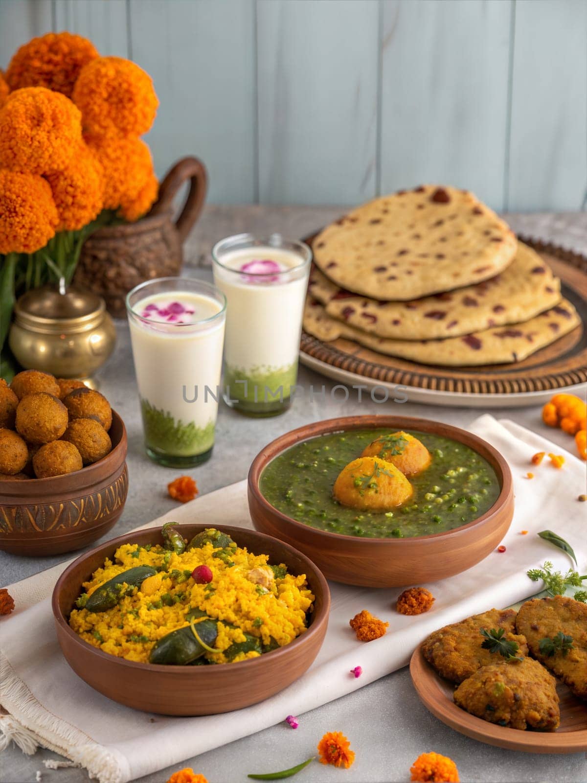 A festive Baisakhi feast featuring traditional dishes like parathas, sweets, and drinks, decorated with flowers.