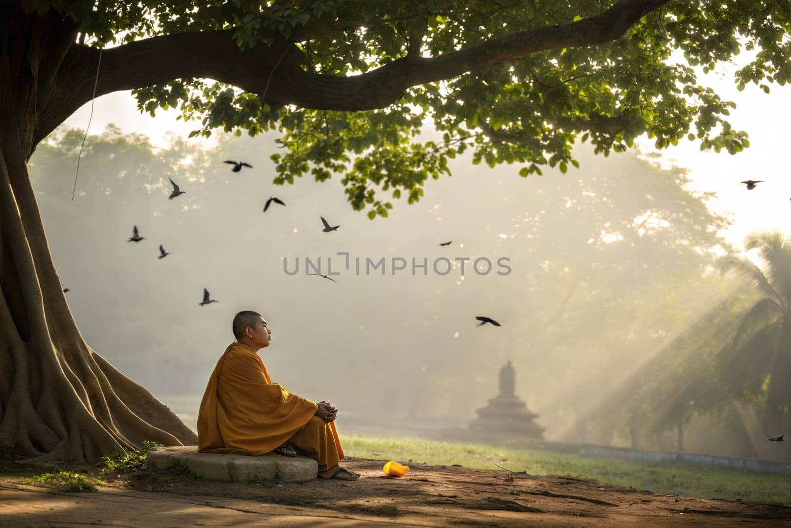 A serene moment of a Jain monk in saffron robes meditating peacefully under a large tree with birds flying around. Isolated on white background.