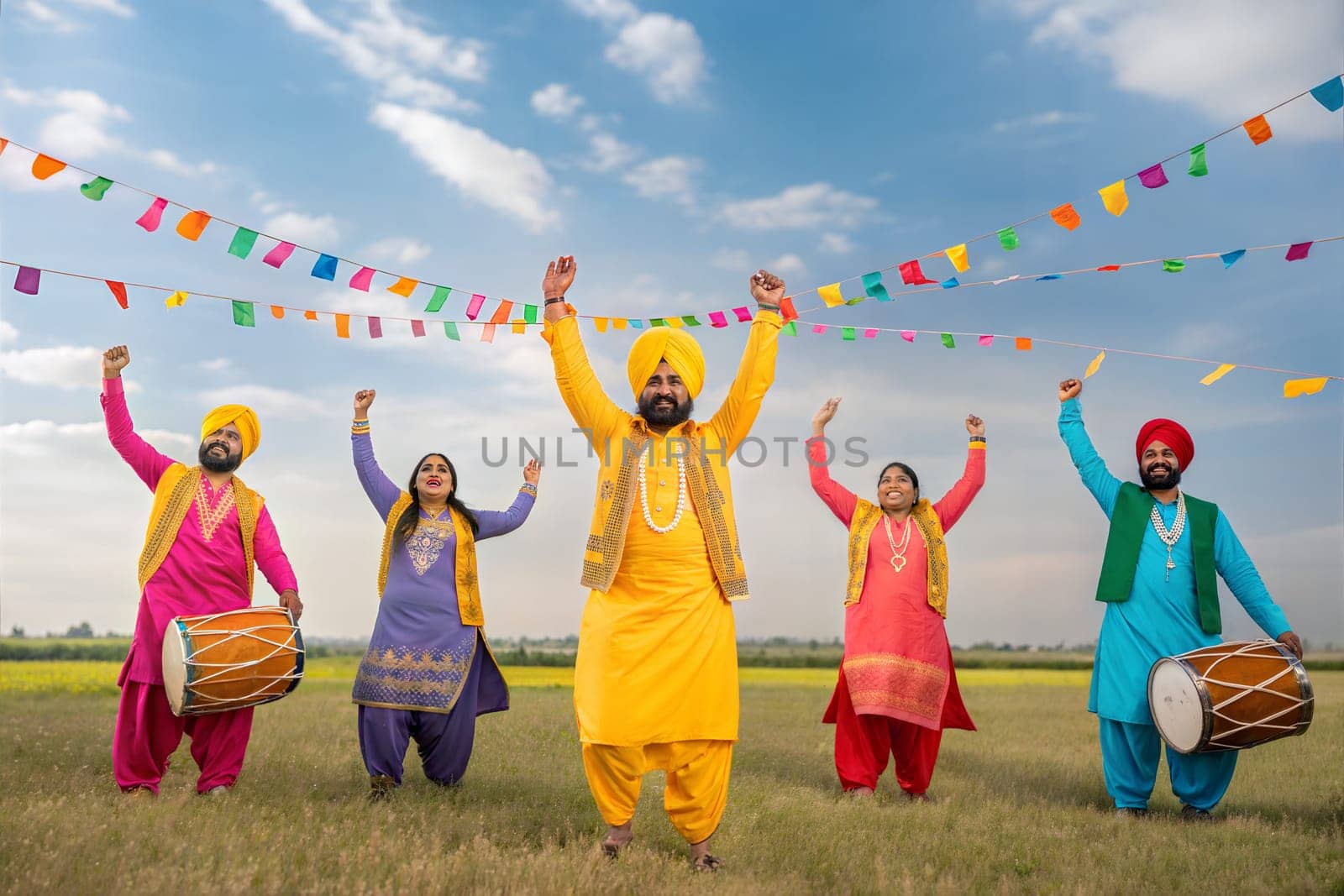A vibrant Baisakhi celebration with people dancing in traditional attire, holding colorful flags and playing drums.
