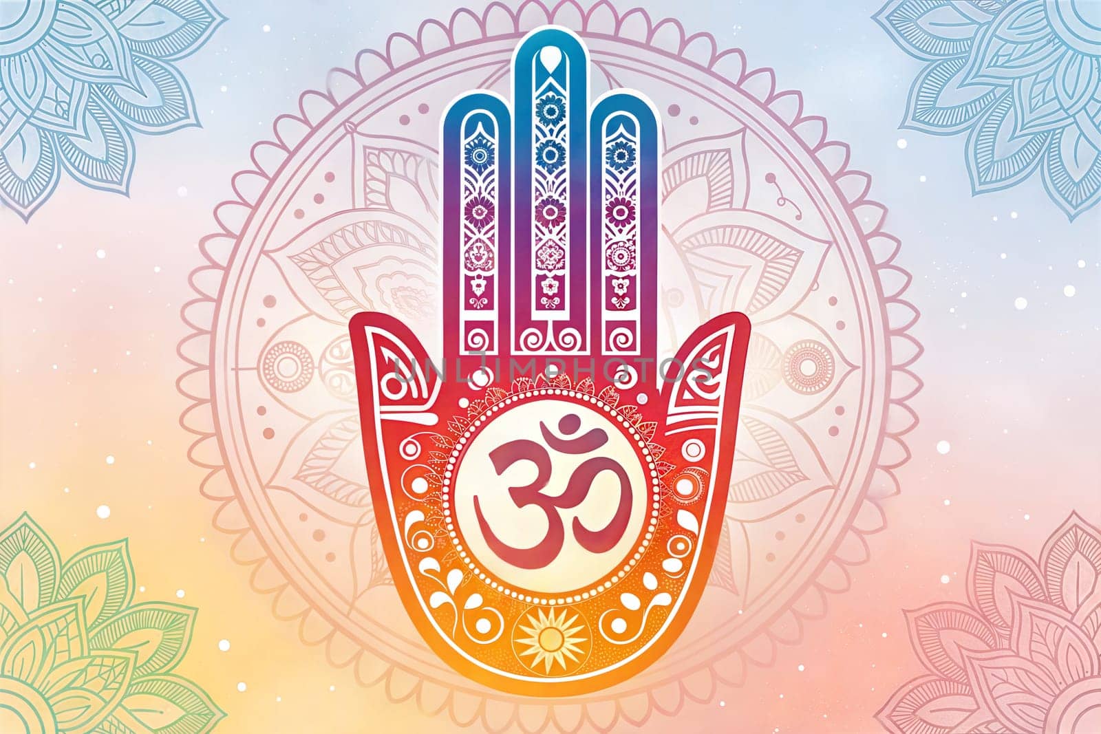 A colorful and symbolic representation of Jainism featuring the Hamsa hand with the Om symbol.