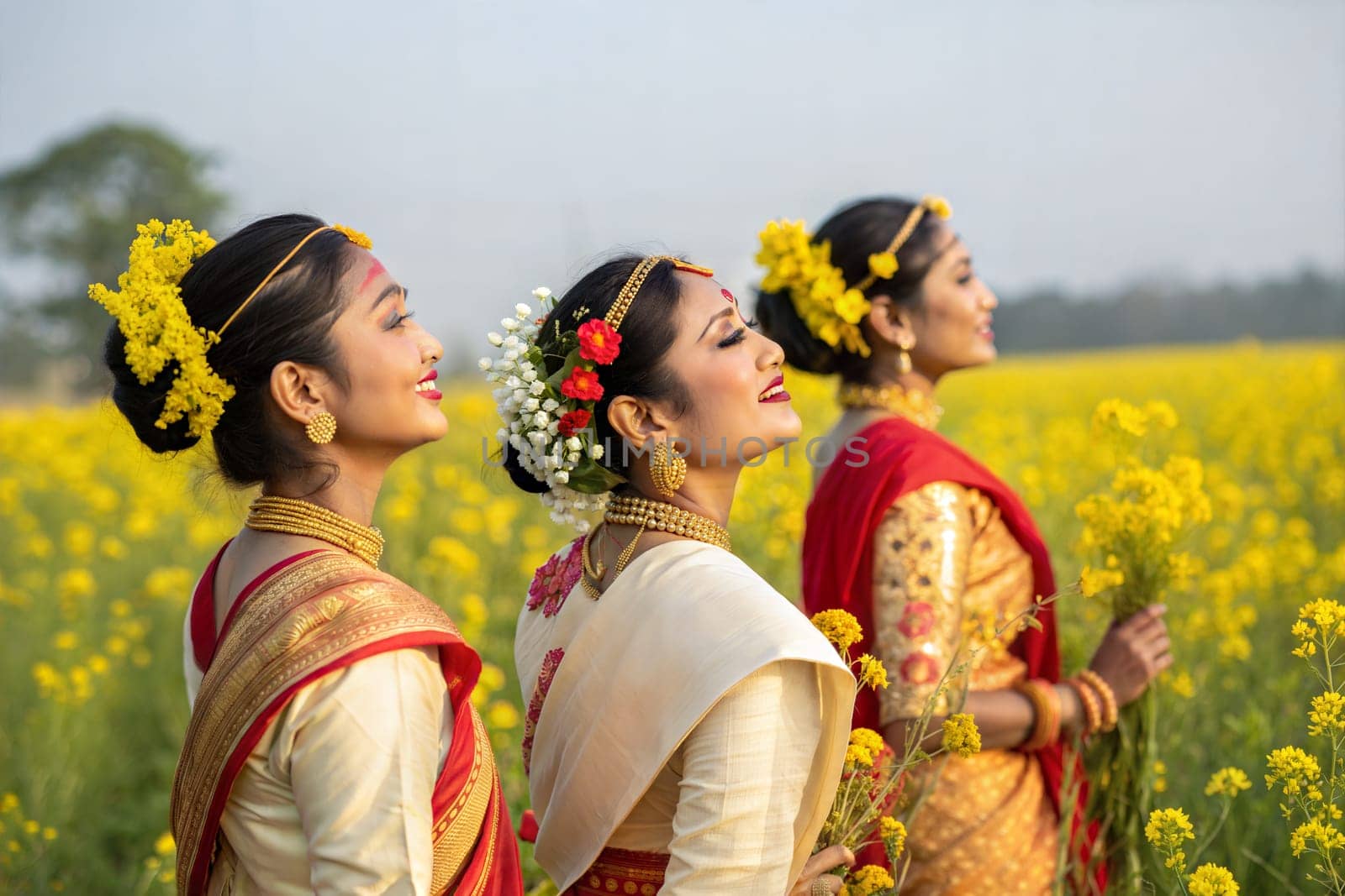 Assamese women in elegant Mekhela Chador, adorned with traditional gold jewelry and fresh flowers in their hair, standing in a yellow mustard field