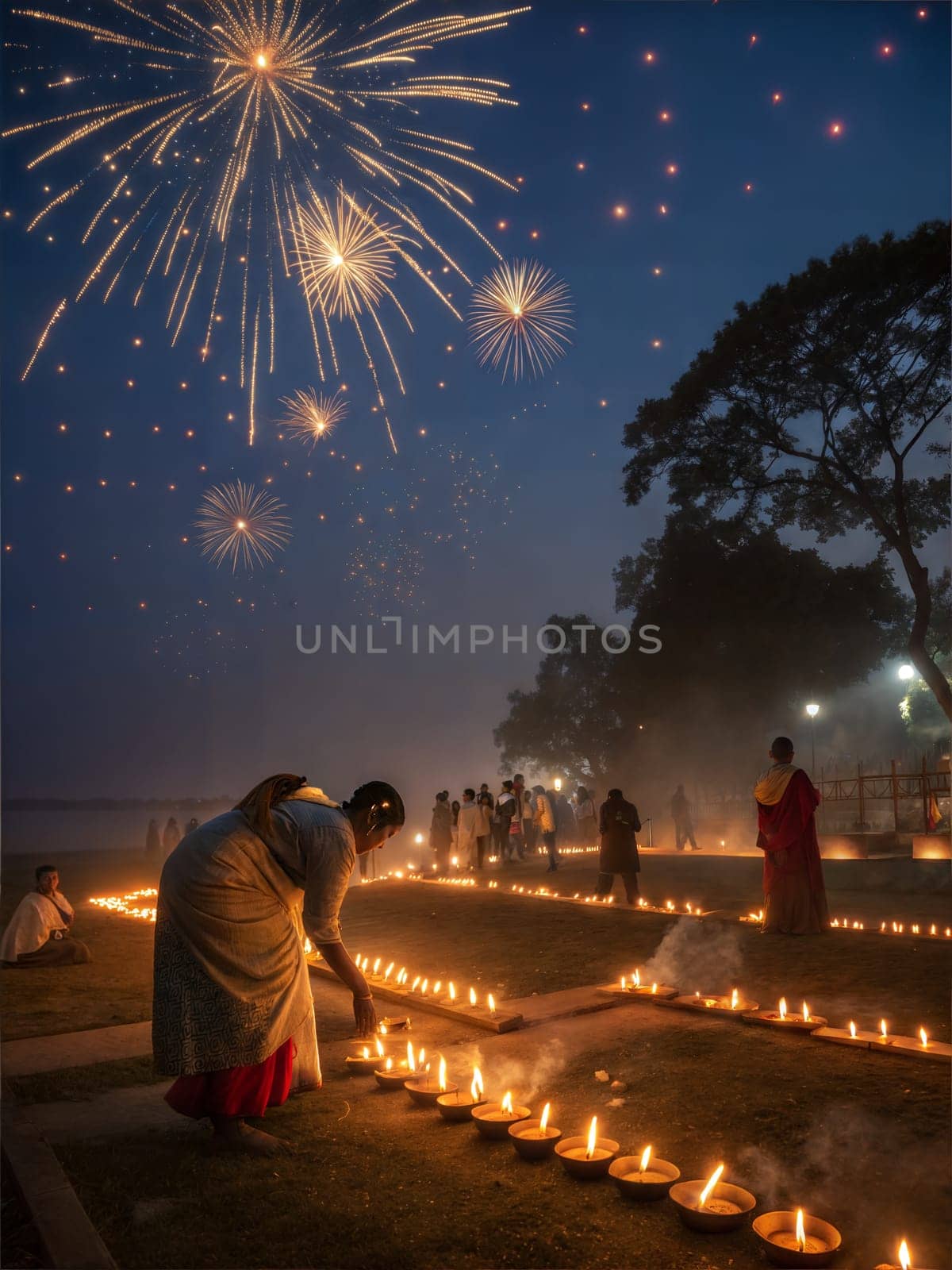 A mesmerizing night scene of people lighting earthen lamps and celebrating Bohag Bihu under the starry sky. Fireworks sparkle in the distance, and traditional folk musicians play dhol and pepa