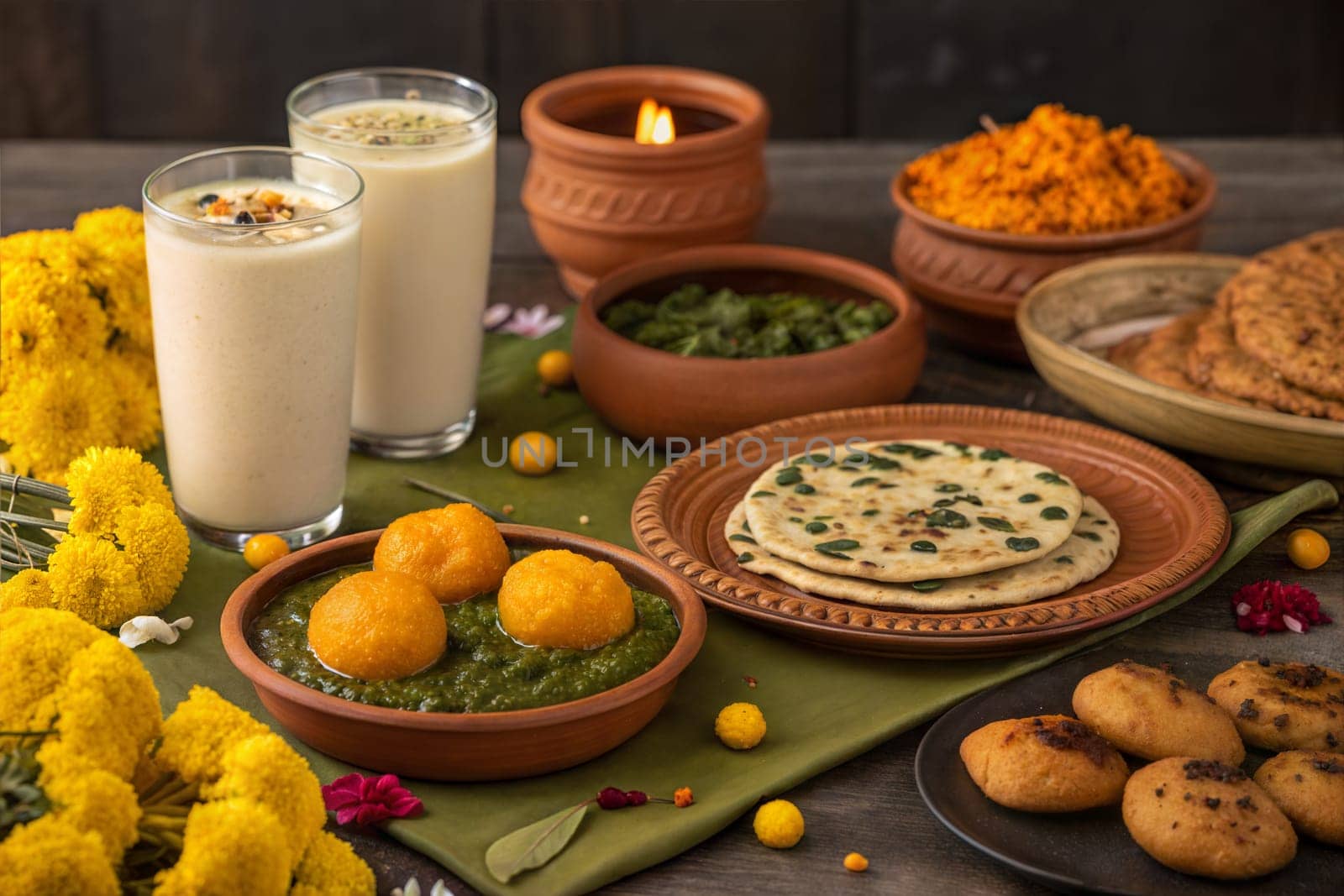 A festive Baisakhi feast featuring traditional dishes like parathas, sweets, and drinks, decorated with flowers.
