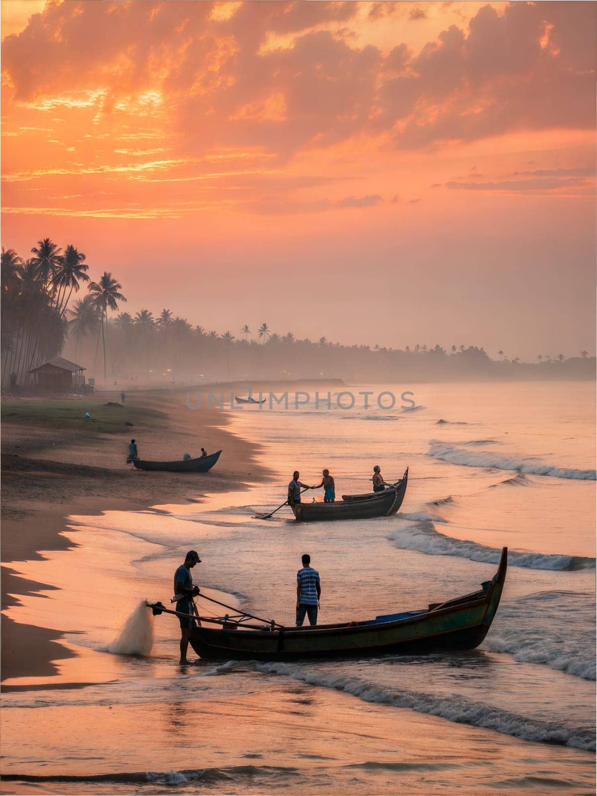 A peaceful Kerala coastline at sunrise with fishermen on boats, palm trees, and the gentle waves of the sea.
