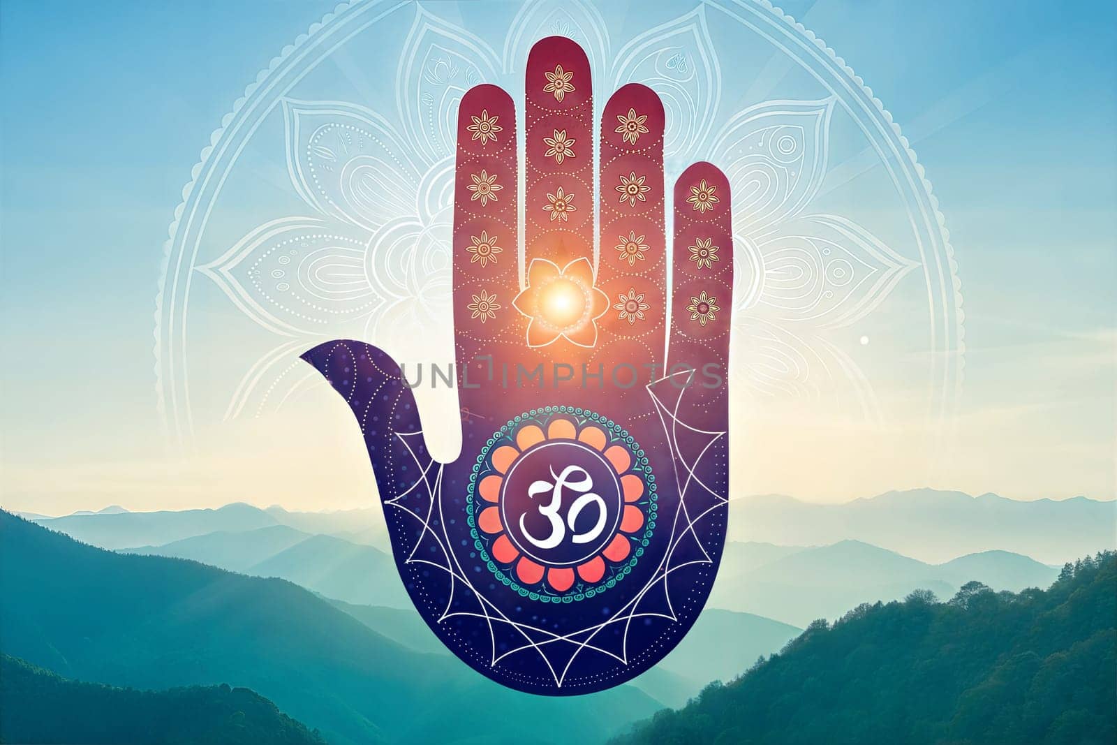 A vibrant digital artwork of the Jain symbol of Ahimsa, with the Om symbol at the center.