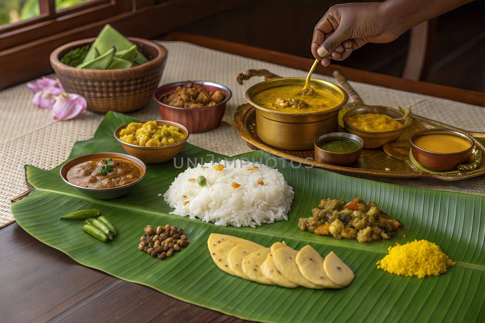 A grand Vishu Sadya feast served on banana leaves with rice, curry, vegetable dishes, and snacks, showcasing traditional Kerala cuisine.