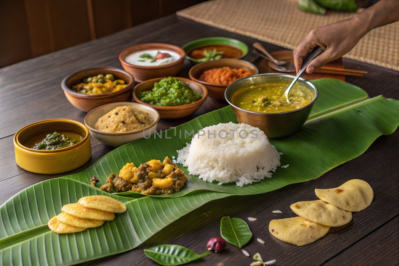 A grand Vishu Sadya feast served on banana leaves with rice, curry, vegetable dishes, and snacks, showcasing traditional Kerala cuisine.