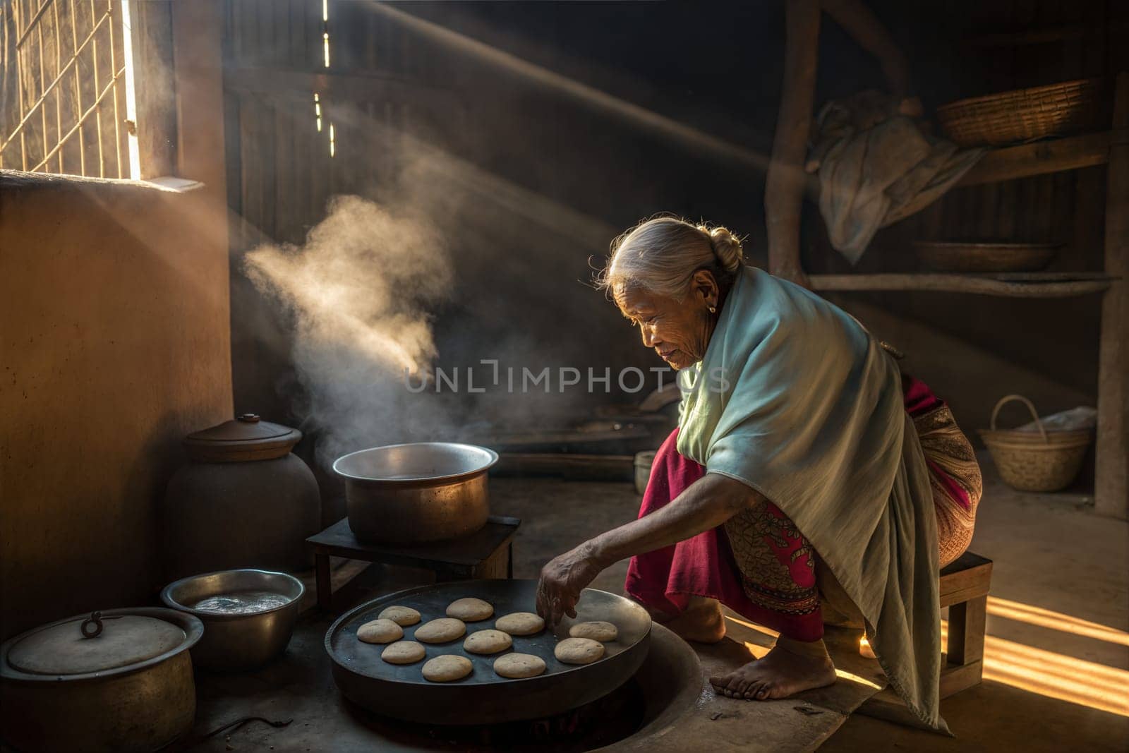 An elderly Assamese woman making traditional Pitha rice cakes, with smoke rising from the hot dishes in a rustic kitchen. This scene highlights Assamese culinary traditions.