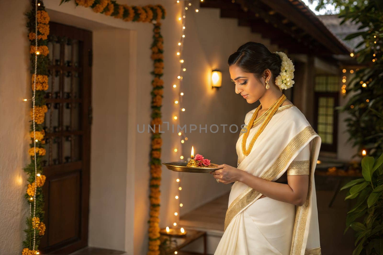 A graceful woman in a white and gold kasavu saree, holding a diya (lamp) with marigold decorations, celebrating a traditional festival.