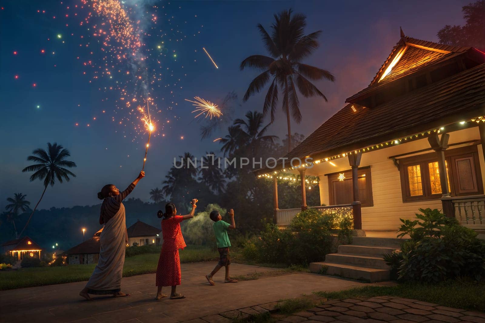 A lively scene of children and families lighting fireworks in a festive atmosphere at night, with bright lights and celebrations.