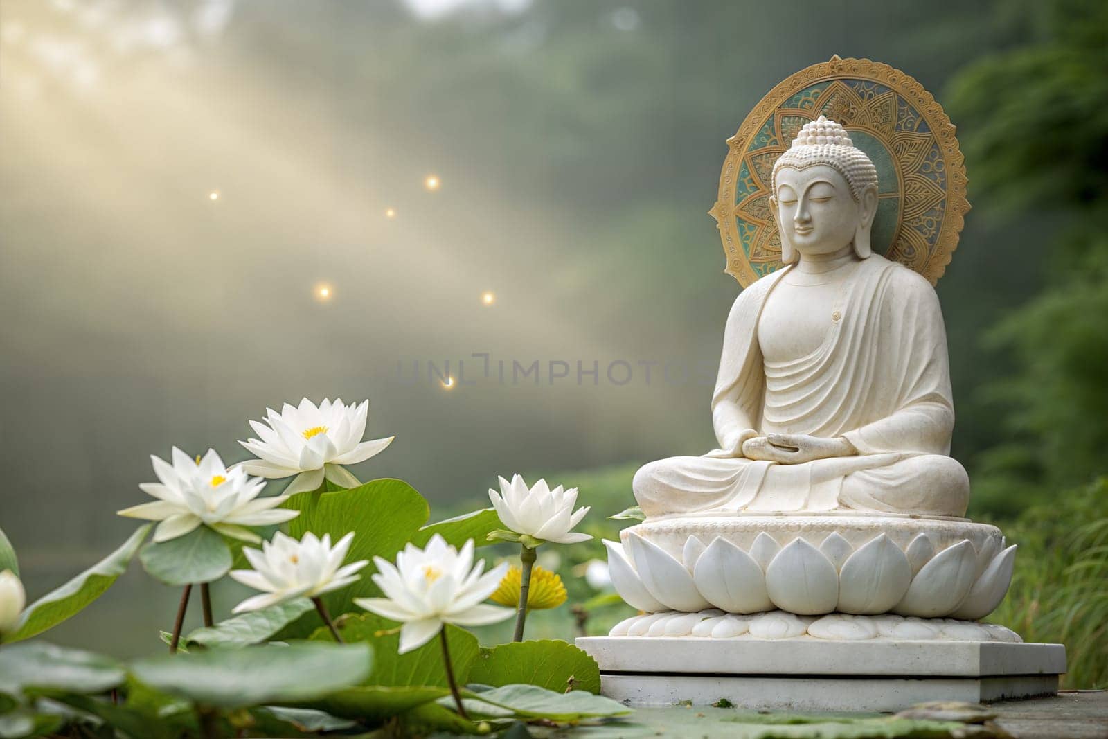 A peaceful scene with a marble statue of Lord Mahavir sitting on a lotus pedestal surrounded by lotus flowers, radiating calm and serenity.